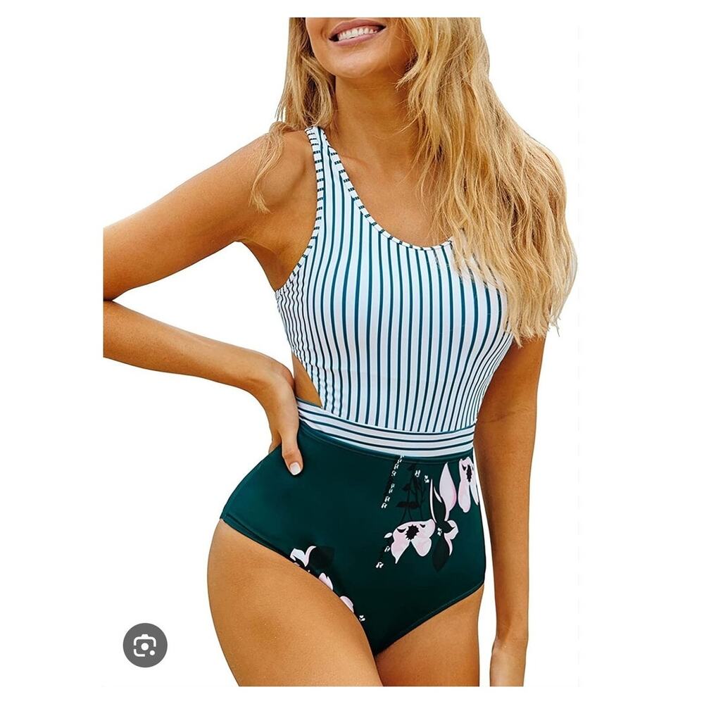 New Molybell Monokini One Piece Swimsuit XS Green Lilies Stripe Cutout Zip Beach